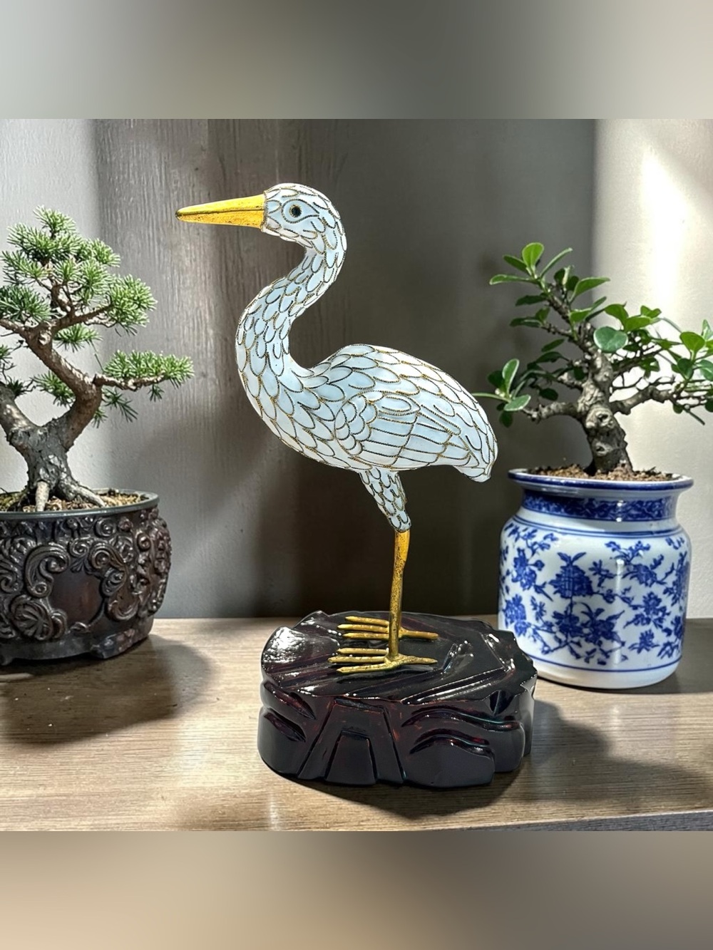 Vintage Chinese Cloisonné Crane Heron Bird Figurine White Enamel Wood Base